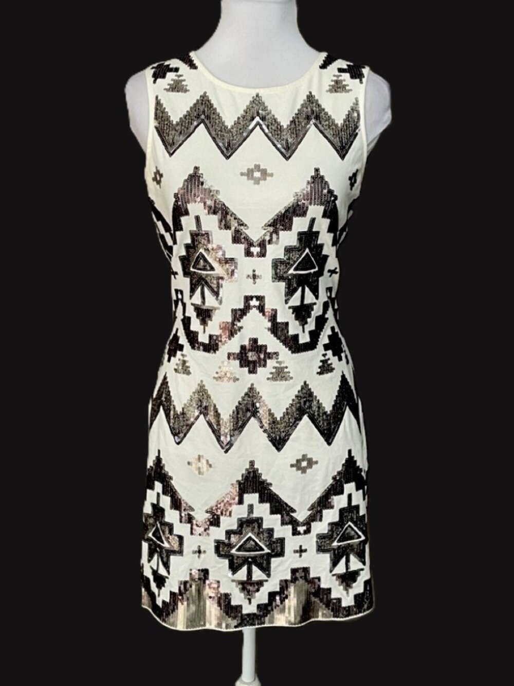 Express white silver sequined Aztec design dress M